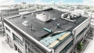 Gedetailleerde technische tekening van het platte dak van een bedrijfspand