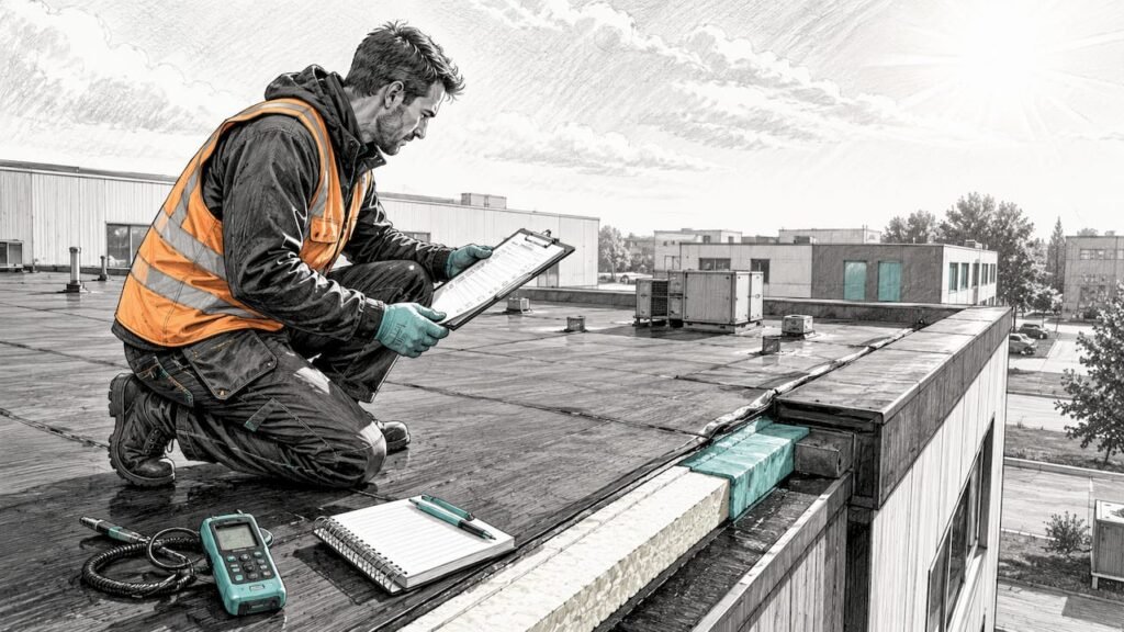 Technische tekening van een dakdekker die een plat dak inspecteert