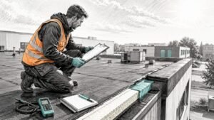 Technische tekening van een dakdekker die een plat dak inspecteert