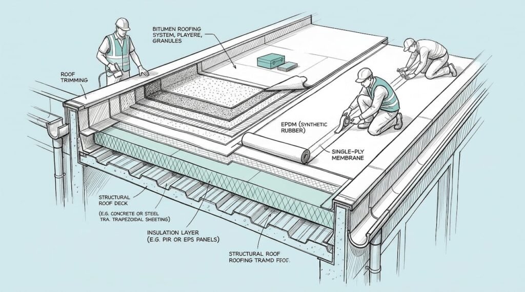 Gedetailleerde technische tekening van de opbouw en gebruikte materialen bij een plat dak