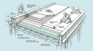 Gedetailleerde technische tekening van de opbouw en gebruikte materialen bij een plat dak