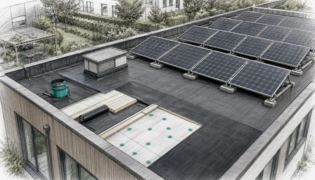 Technisch overzicht van een plat dak voorzien van zonnepanelen