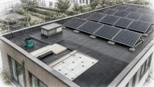 Technisch overzicht van een plat dak voorzien van zonnepanelen