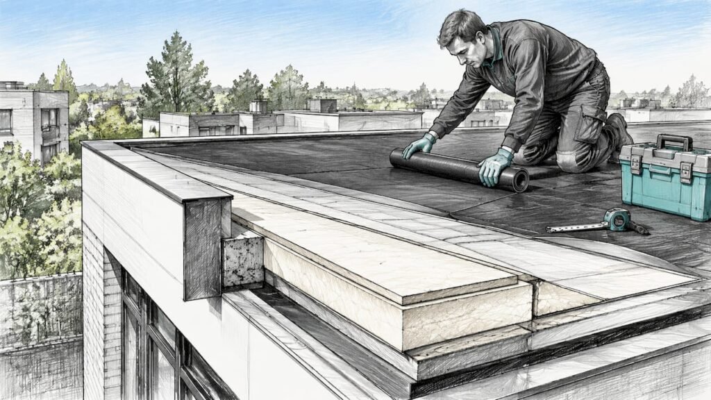 Technisch detailtekening van een plat dak met isolatieopbouw