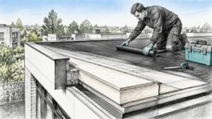 Technisch detailtekening van een plat dak met isolatieopbouw