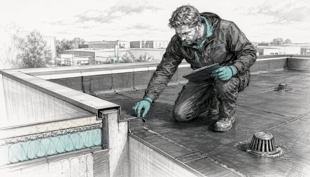 Schematische tekening van een plat dak met bitumen dakbedekking en isolatielaag
