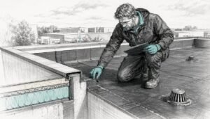Schematische tekening van een plat dak met bitumen dakbedekking en isolatielaag