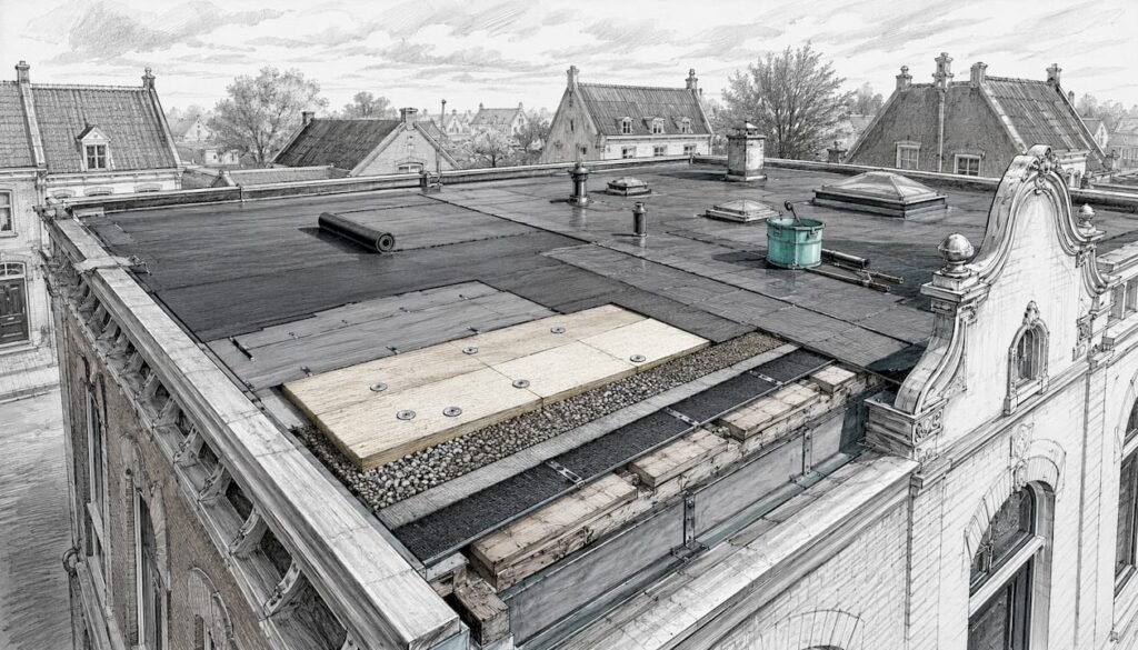 Technisch ontwerp van het platte dak van een bedrijfspand