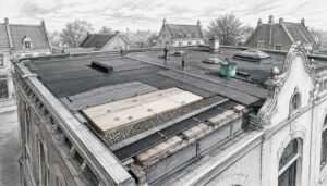 Technisch ontwerp van het platte dak van een bedrijfspand