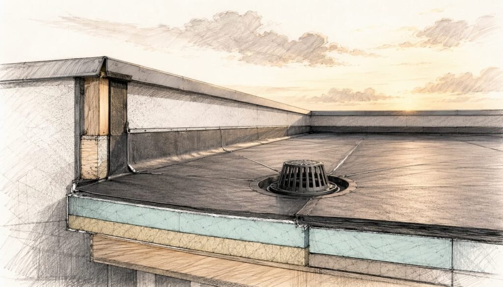 Detailtekening plat dak met puntafvoer