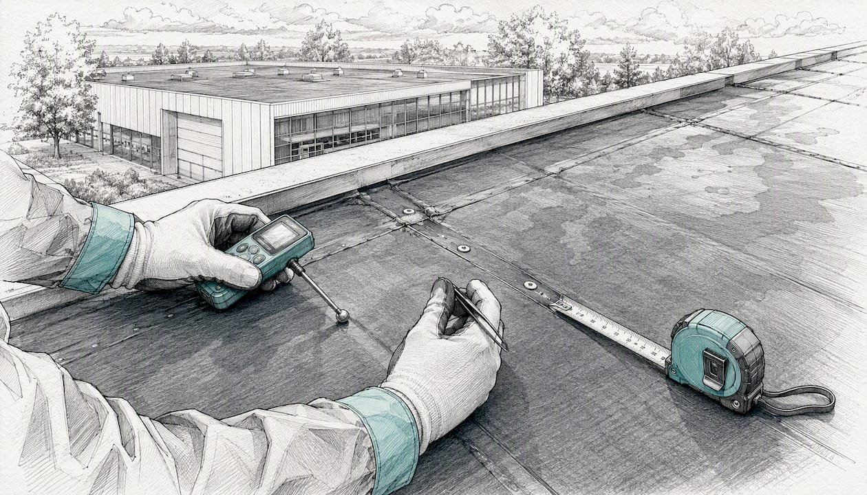 Schematische tekening van een dakinspectie, waarbij handen met gereedschap zichtbaar zijn.