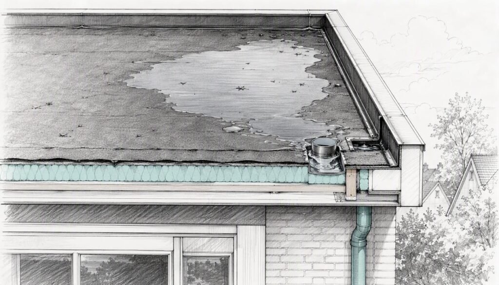 Gedetailleerde technische tekening van een plat dak, inclusief waterophoping en bijbehorende constructieve oplossingen.