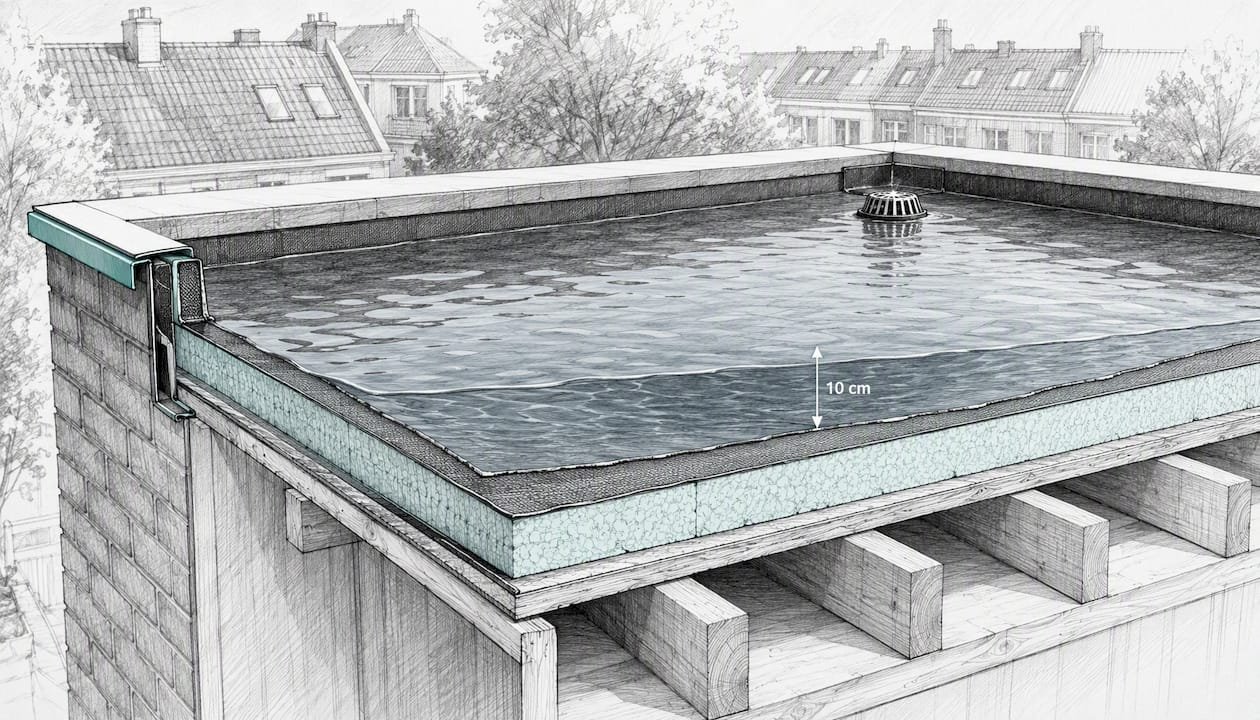 Dwarsdoorsnede van een plat dak met waterophoping en bijbehorende constructiedetails