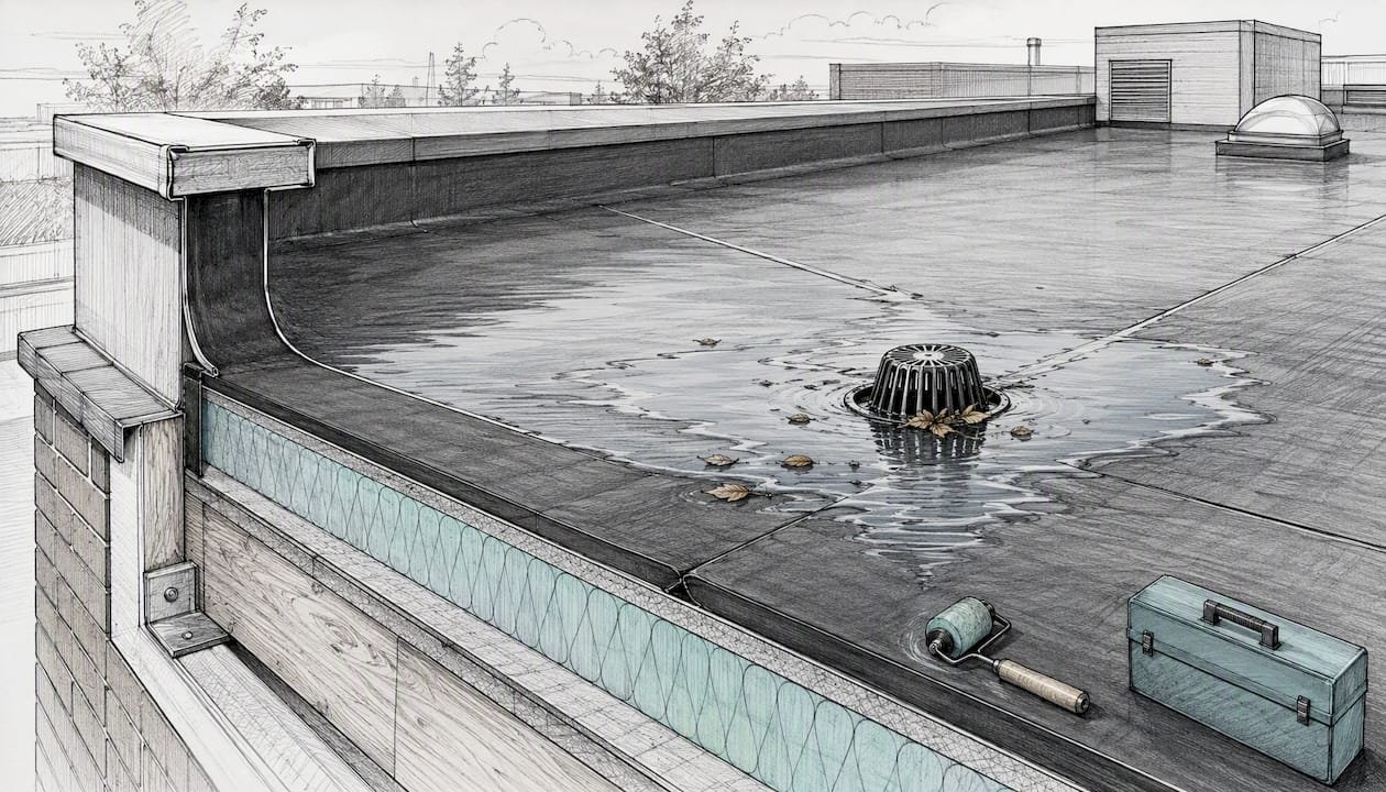 Technische uitwerking van een dakraam en de afvoer van regenwater op een plat dak