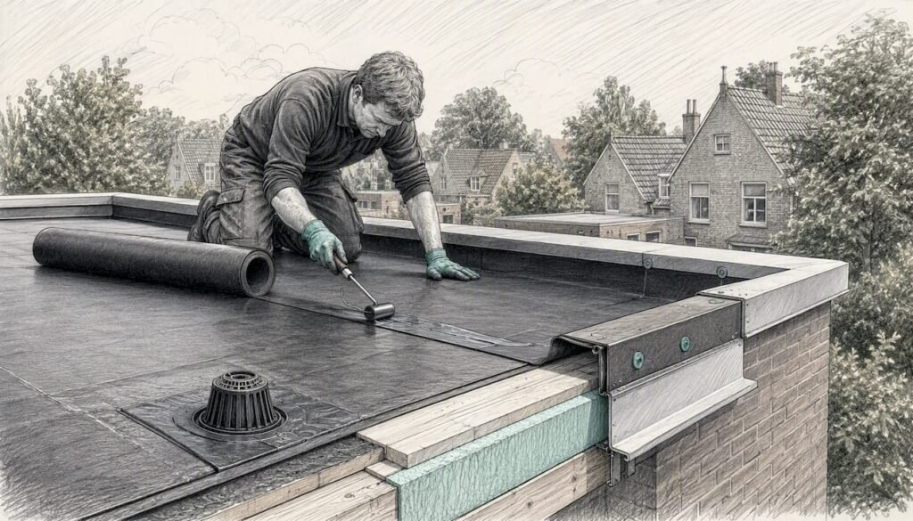 Technisch detailtekening van een plat dak voorzien van EPDM dakbedekking