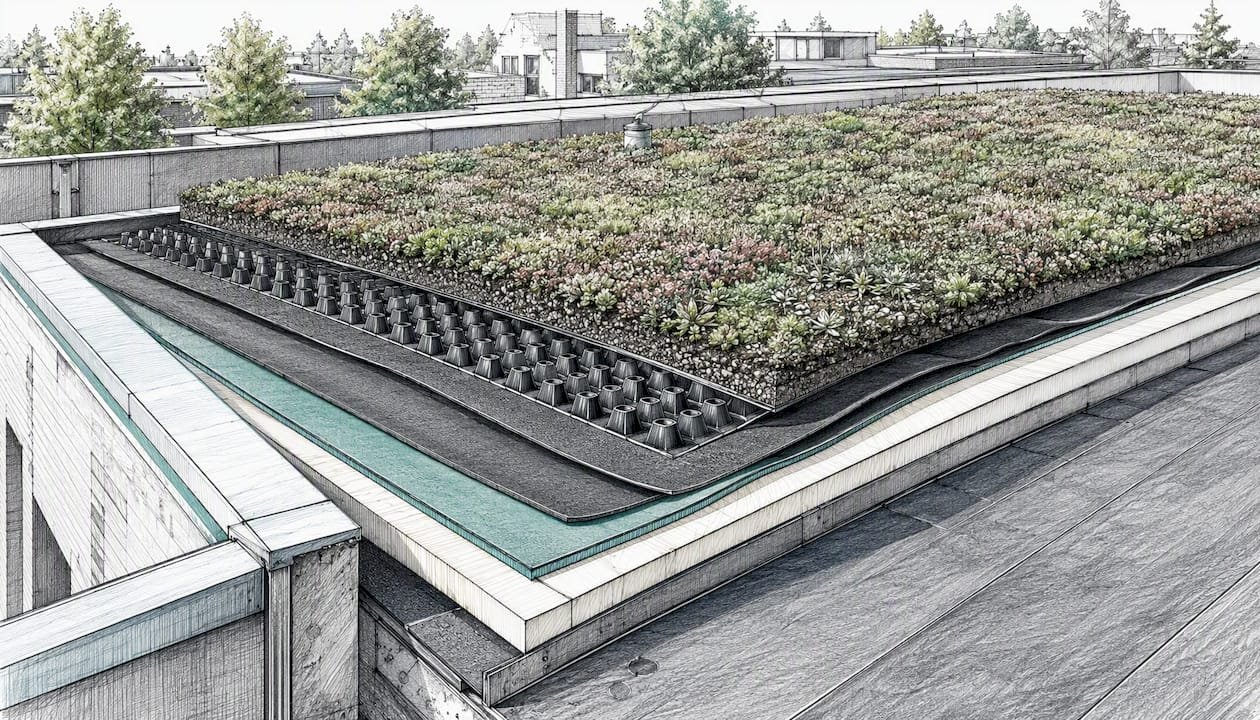 Technische tekening van een extensief groendaksysteem inclusief wortelwerende laag