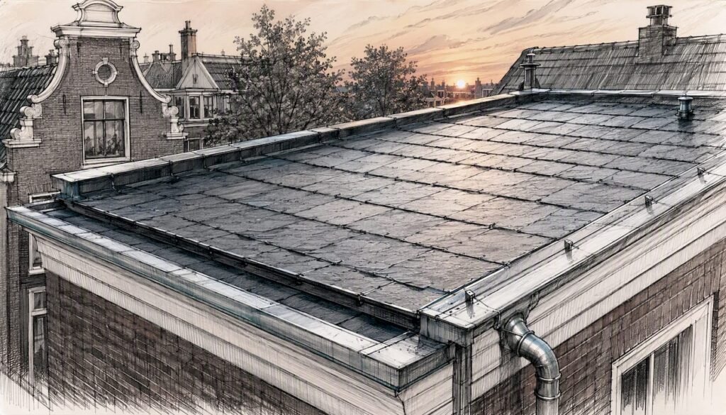 Architectonische illustratie van een plat dak met leien