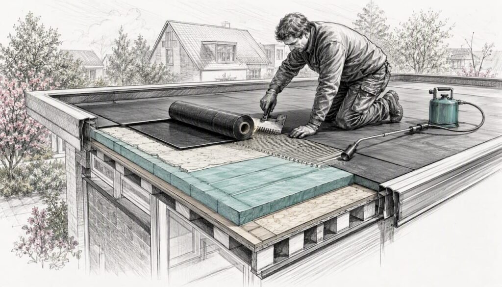 Overzicht van de technische details voor het renoveren van een plat dak, inclusief toepassingen van bitumen en EPDM.