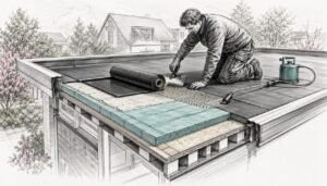 Overzicht van de technische details voor het renoveren van een plat dak, inclusief toepassingen van bitumen en EPDM.