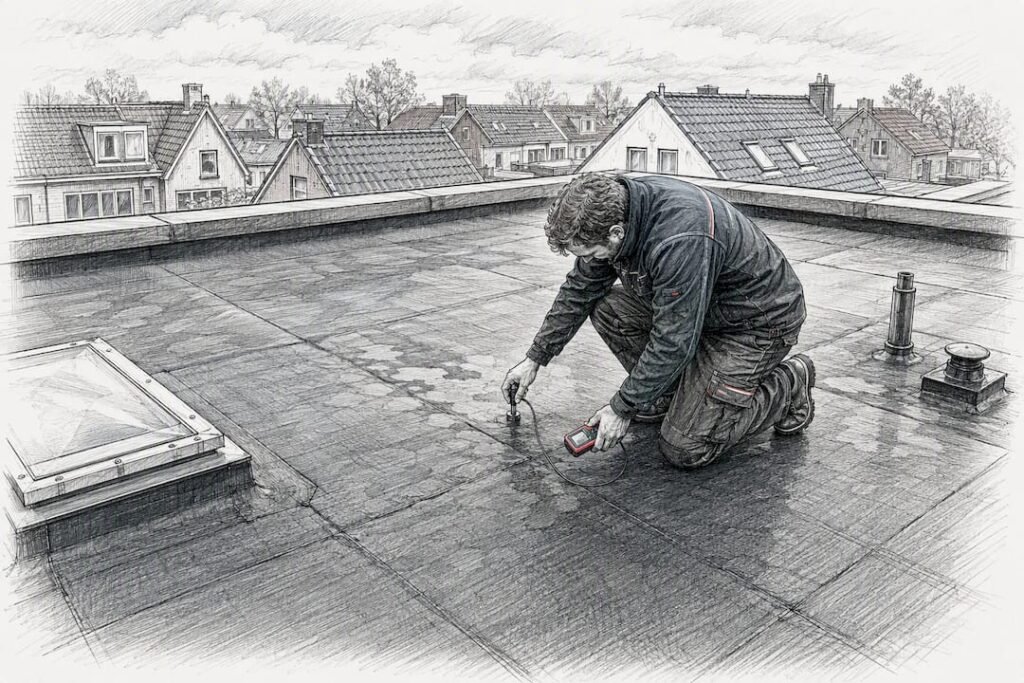Een dakdekker controleert de staat van een plat bitumen dak.