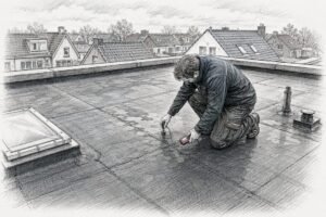 Een dakdekker controleert de staat van een plat bitumen dak.