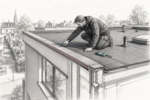 Technische dakinspectie van een plat dak, zijaanzicht