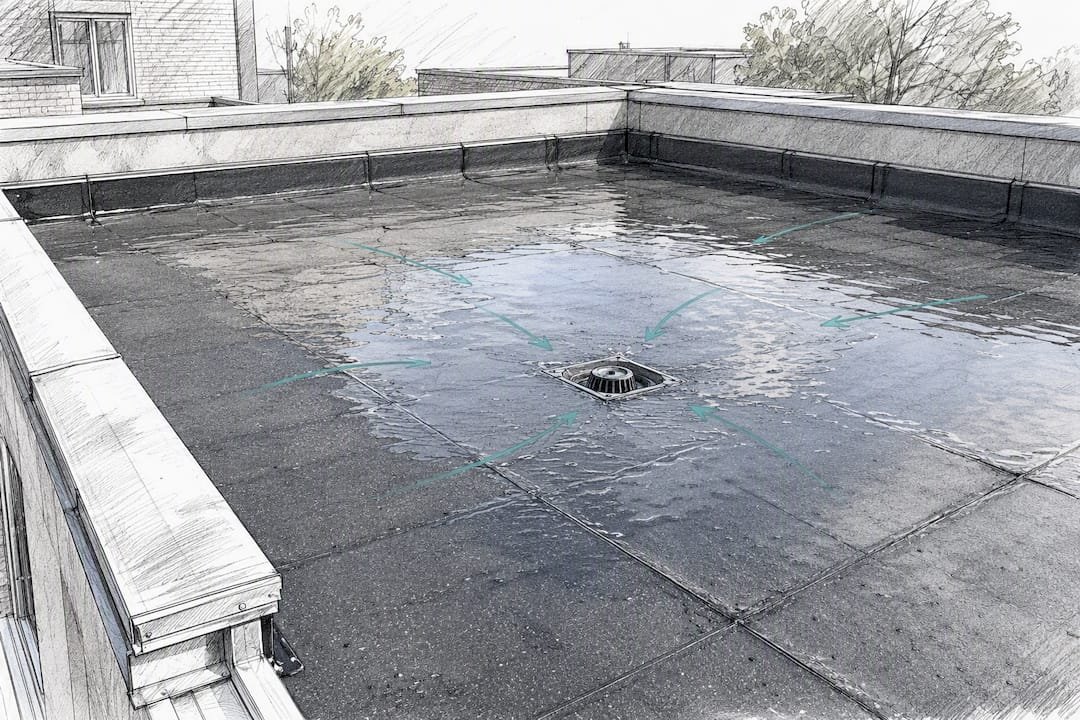 Waterafvoer test, detail van een plat dak