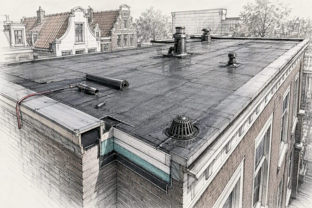 Architecturale lijntekening van inspectie plat bitumen dak