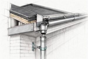 Technische tekening van de vervanging van een dakgoot bij een plat dak, zijaanzicht