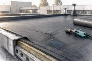Technische tekening van een lekkage in een bitumen dak
