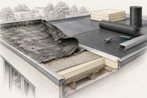 Technische dwarsdoorsnede van bitumen dakvervanging