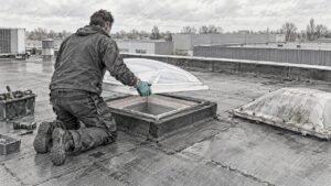 Dakdekker plaatst nieuwe dakkoepel op plat dak