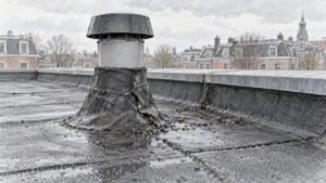 Beschadiging aan de afdichting rondom de dakdoorvoer op het platte dak